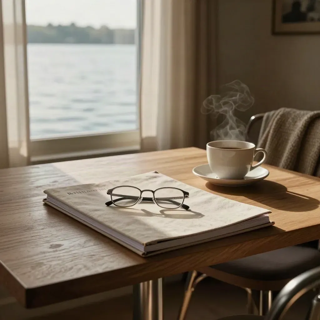 Lakeside dining nook with binder, glasses, cup, and wool throw in warm afternoon light.