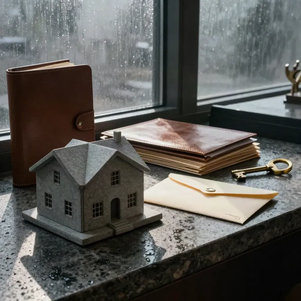 Stone house model, leather binder, insurance envelope, brass key and estate folders in morning rain light.