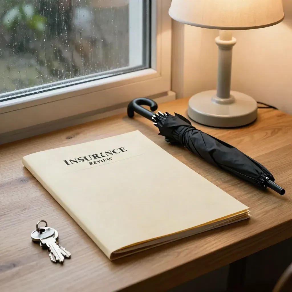 Rainy hallway table with insurance folder, umbrella, keys and lamp in warm light.