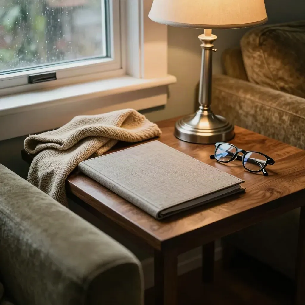 Family protection folder, throw, lamp base and reading glasses on a sofa-side table by rainy window light
