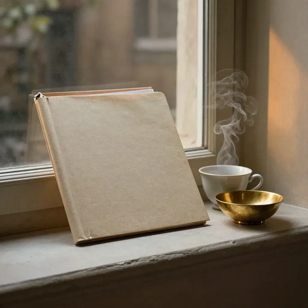 Closed investment folder, steaming teacup, and brass bowl on a window ledge in evening light.
